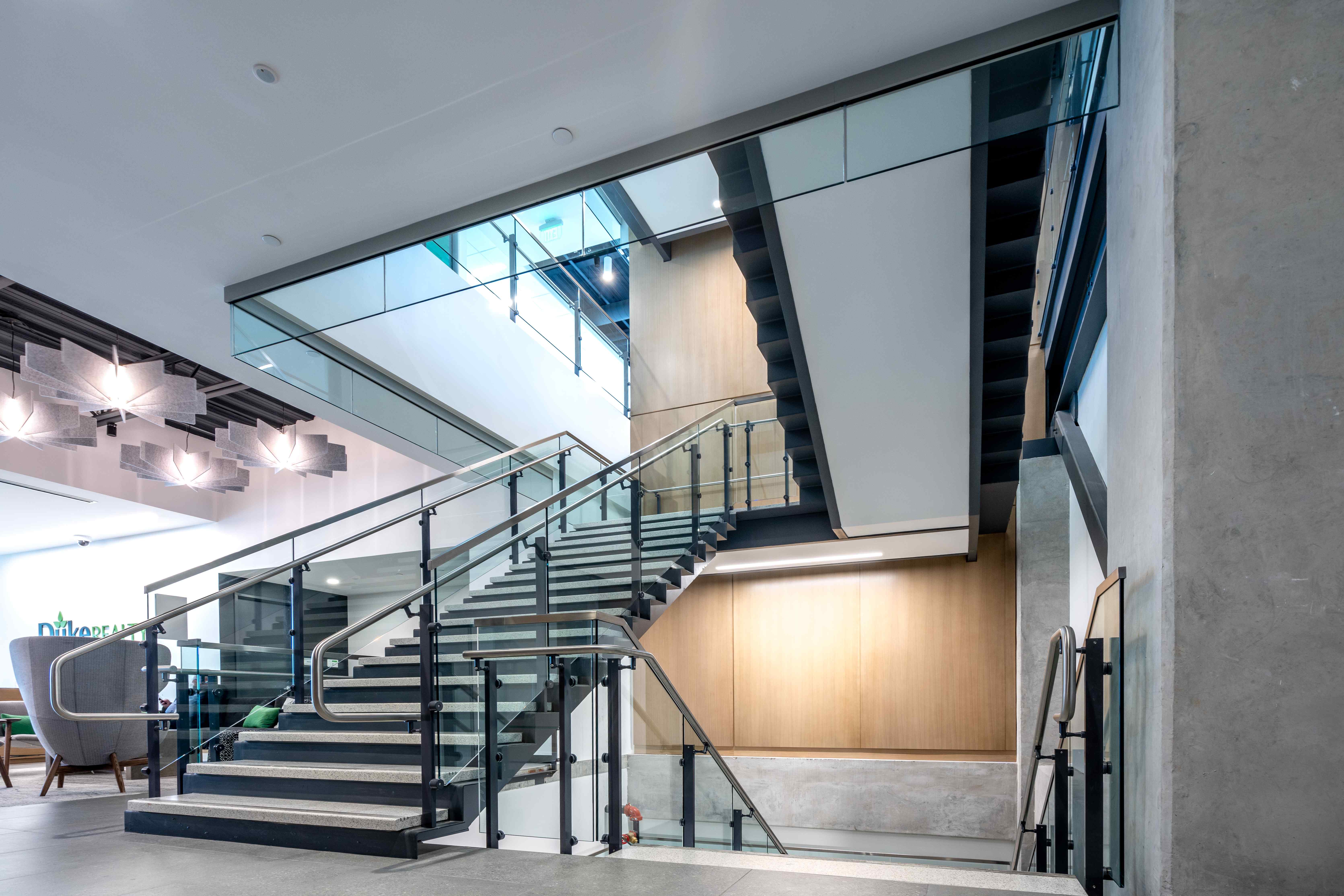 Duke Realty Indianapolis — structural glass and steel staircase railing